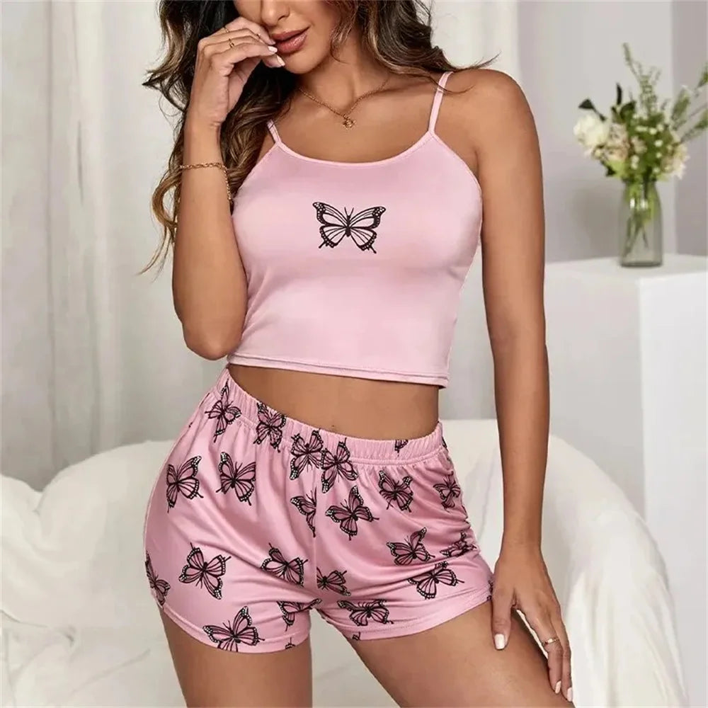 Two Piece Women's Suspender Printed Butterfly
