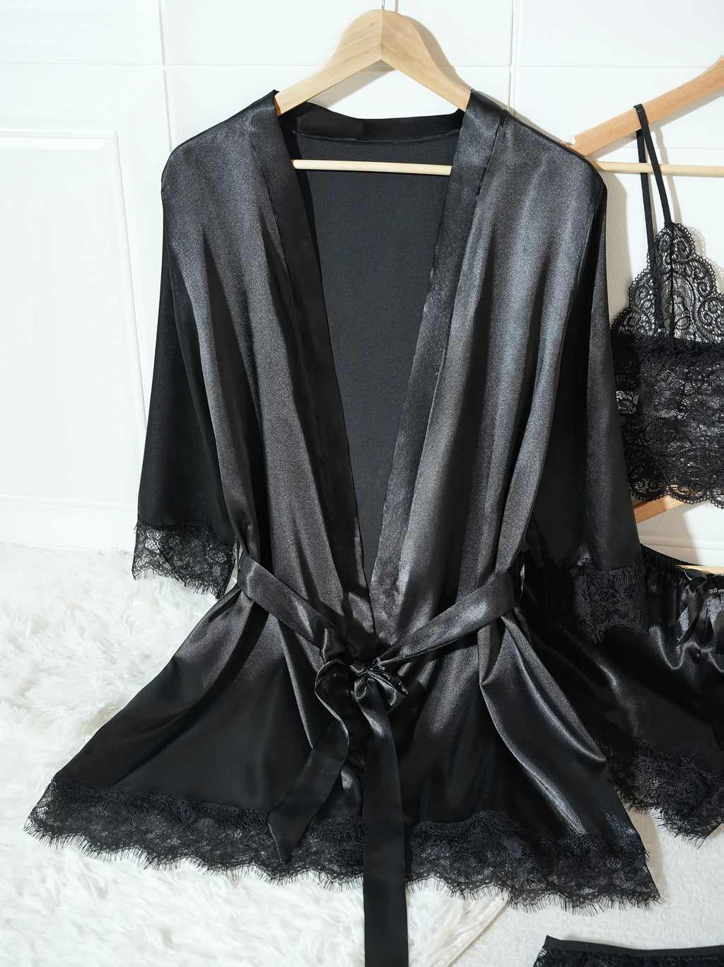 Women’s 4-Piece Satin Pajama Set – Silk Robe, Nightgown & Lace Sleepwear Set