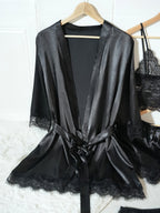 Women’s 4-Piece Satin Pajama Set – Silk Robe, Nightgown & Lace Sleepwear Set