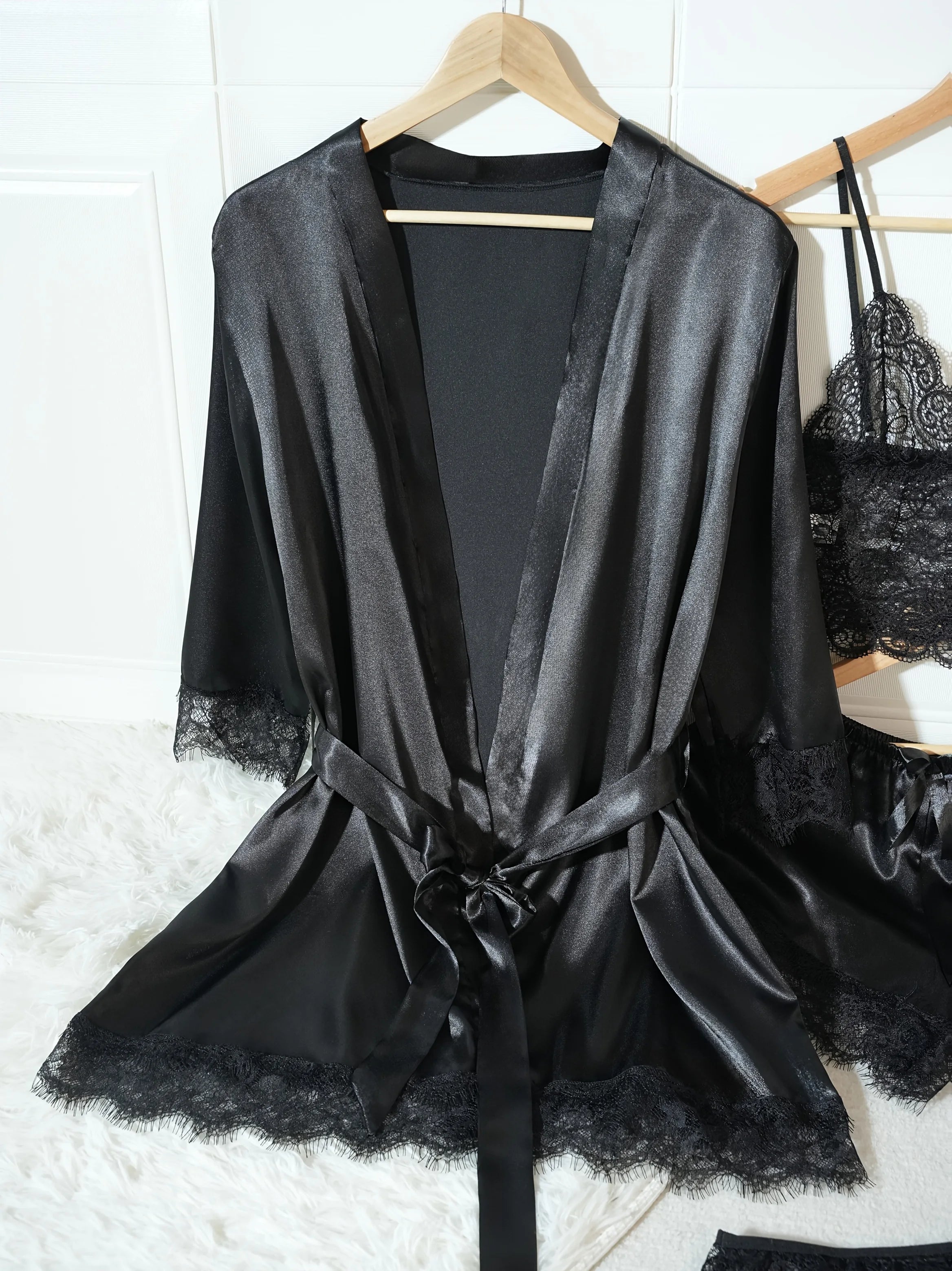 Women’s 4-Piece Satin Pajama Set – Silk Robe, Nightgown & Lace Sleepwear Set