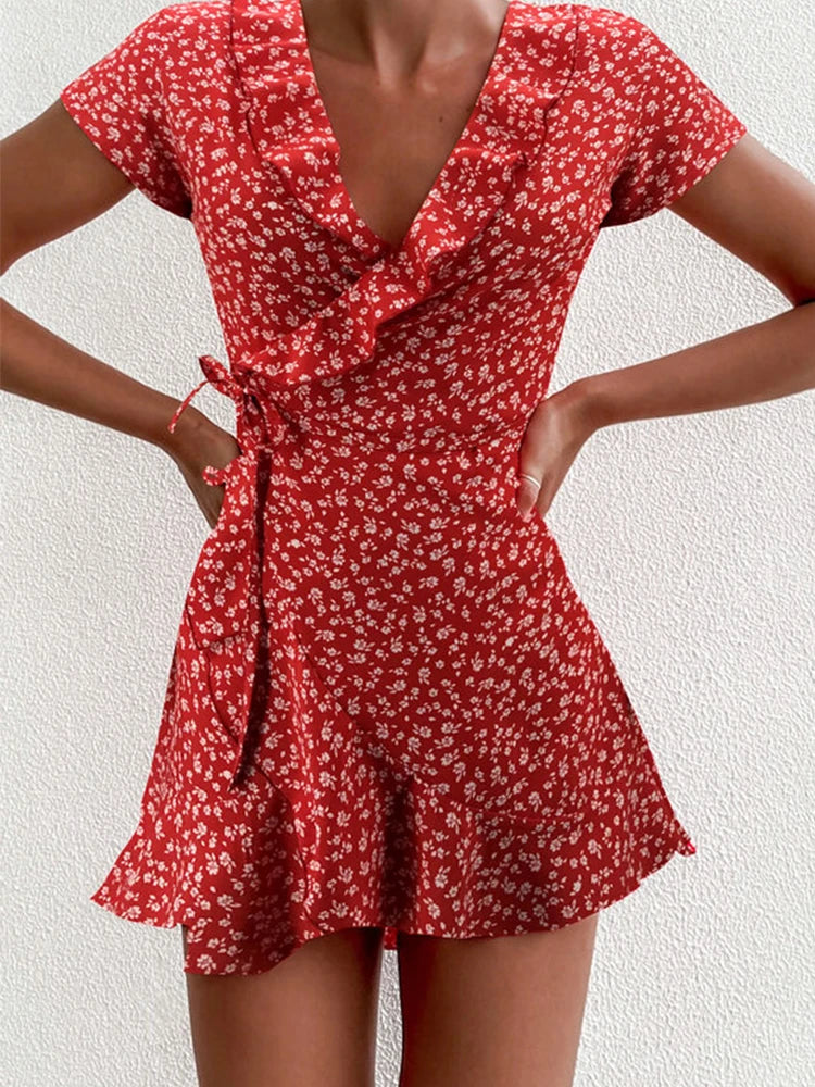 Floral Ruffle V-Neck A-Line Mini Dress 🌸✨