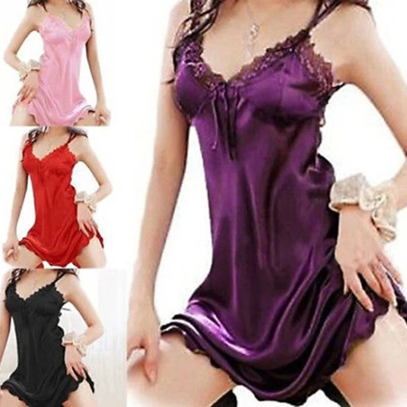 Women’s Satin Lace Babydoll Nightgown – Sexy Off-Shoulder Sleepwear Dress