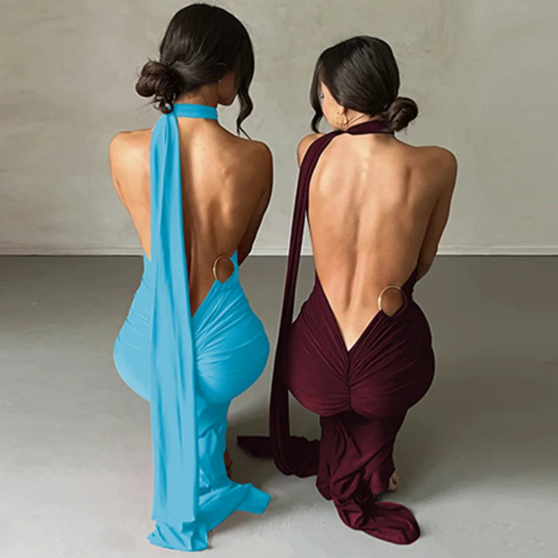 One Shoulder Backless Ruched Maxi Dress