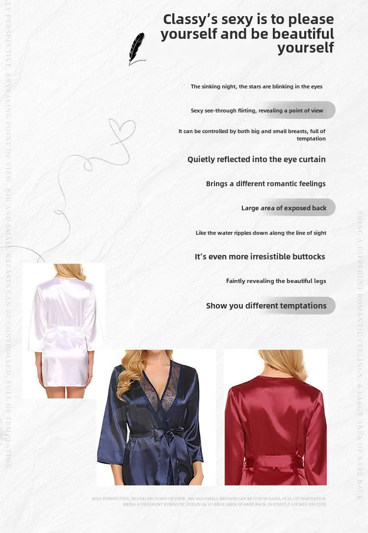 Women’s Silk-Feel Lace-Up Robe – Long Sleeve Elegant Sleepwear Nightgown