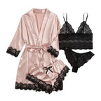 Women’s Elegant 4-Piece Satin Pajama Set – Lace Cami, Shorts & Robe Sleepwear