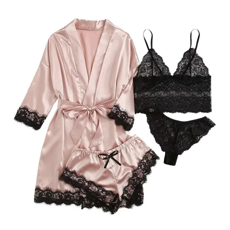 Women’s Elegant 4-Piece Satin Pajama Set – Lace Cami, Shorts & Robe Sleepwear